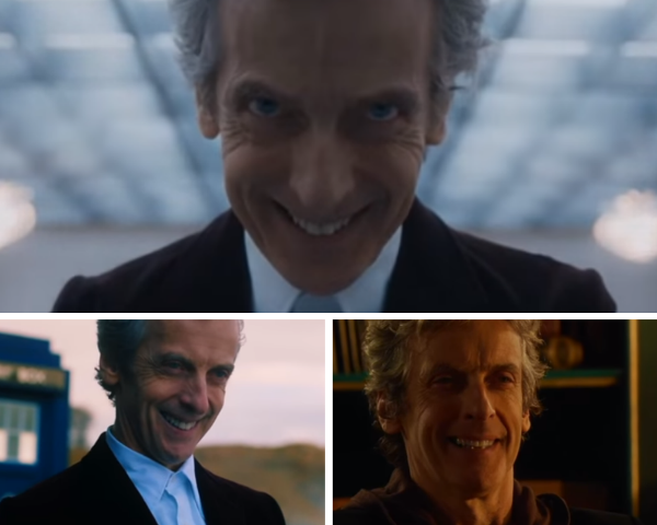 Peter Capaldi w roli Dwunastego Doktora i trzy ilustracje jego ilustracje jego "nieziemskiego" uśmiechu